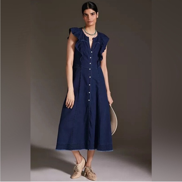 Anthropologie Dresses & Skirts - Anthropologie Pilcro Blue Sustainable Ruffle Sleeve Midi Dress Size 0